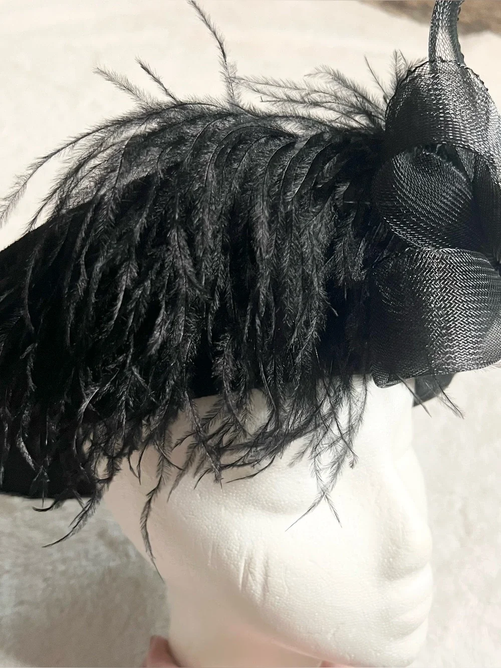 Vintage Black Wool Feathered Organza Fascinator Hat Derby Church Wedding Funeral